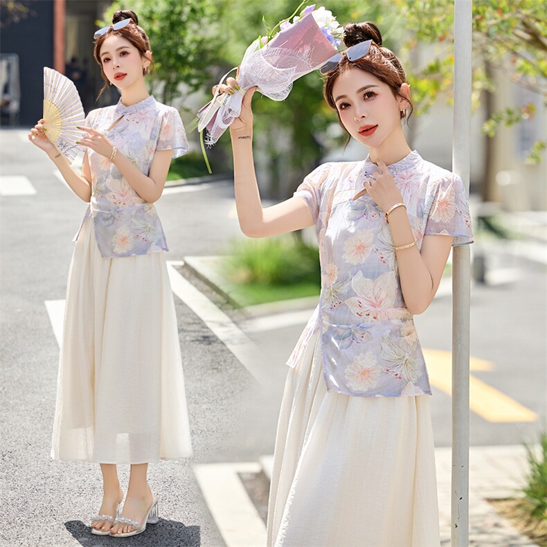2025夏季新款新中式风禅意复古盘扣上衣碎花半身裙女,女装连衣裙,布芭啦