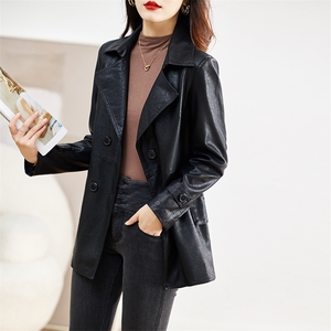 2025春秋女新款修身真皮中长款时尚气质休闲软皮西装领皮衣风衣潮图片