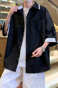 C161/P40夏季新款满天星个性撞色衬衣男短袖五分袖衬衫男宽松上衣图片