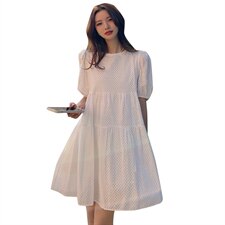 2021夏季新款女装压花泡泡袖法式连衣裙中长款，女装连衣裙，阿菲诺依