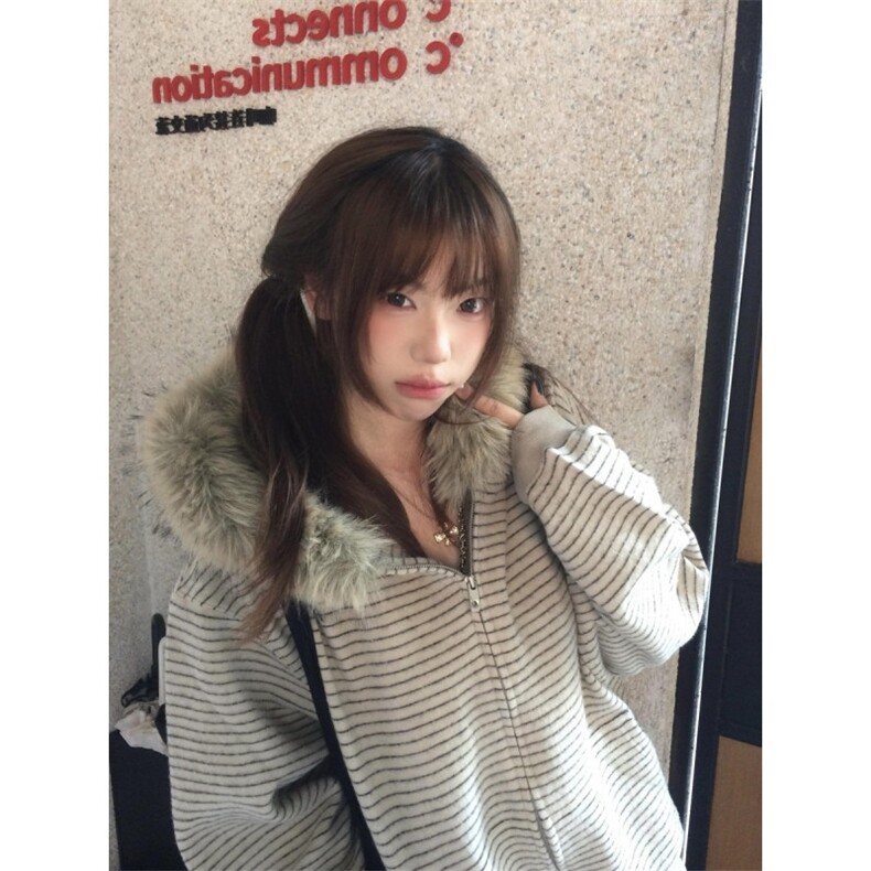 美式复古条纹毛领连帽卫衣外套男女秋冬休闲宽松开衫上衣,女装短外套,星座410-7