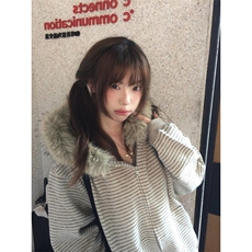 美式复古条纹毛领连帽卫衣外套男女秋冬休闲宽松开衫上衣，女装短外套，星座410-7