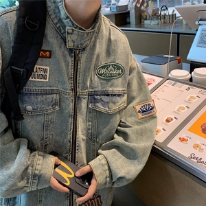 美式复古牛仔外套男女水洗做旧工装夹克vintage立领机车服 JK8615图片