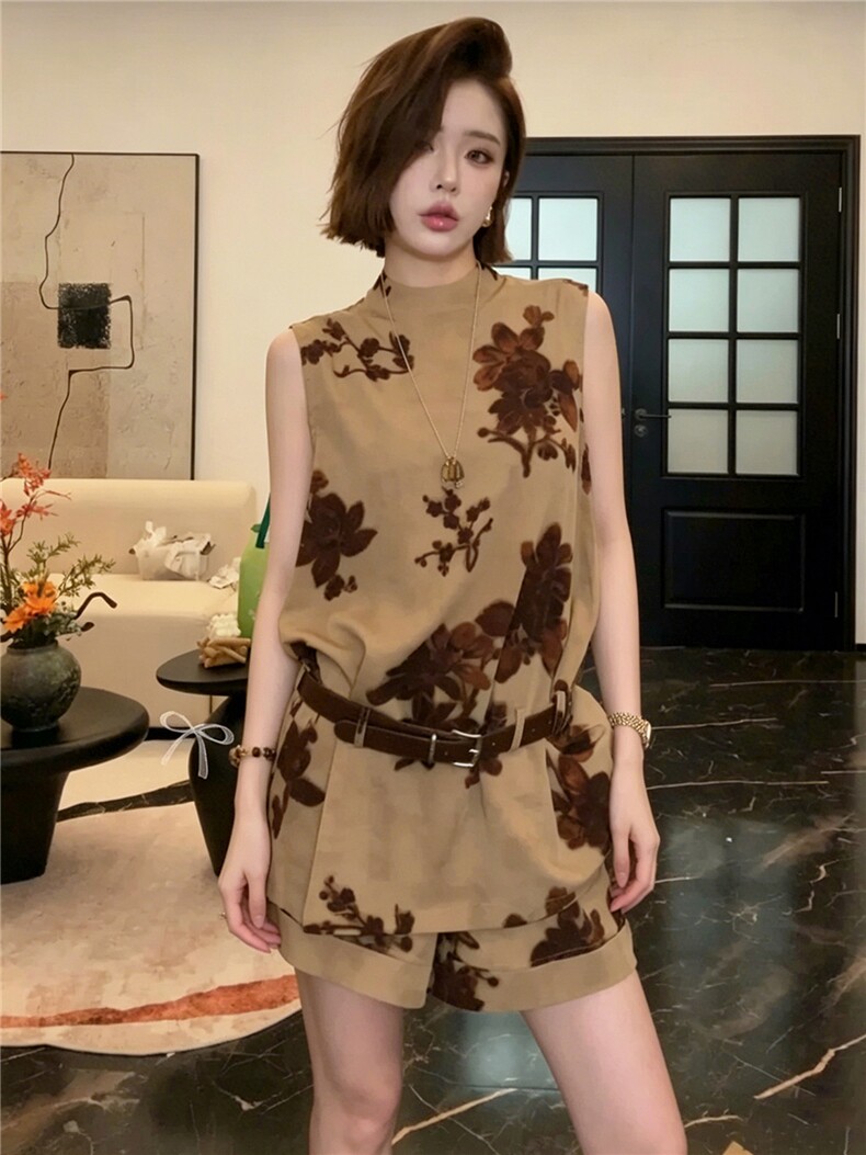 韩版休闲时尚套装女夏款个性简约圆领印花无袖上衣宽松短裤两件套,女装套装/套裙,江南