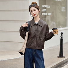 2025春秋新款韩版宽松休闲百搭皮衣外套女短款小个子机车服夹克潮，女装皮衣，美拉德工厂直营店