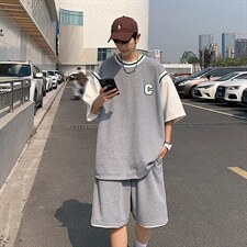 2025夏季华夫格套装男青少年T恤短裤两件套港风套装TZ2237-P55，男装牛仔裤，电商A062