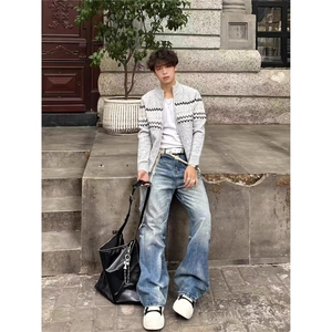 秋冬松弛氛围感麻花纹菱格针织衫男女美式复古宽松休闲毛衣MY9824图片