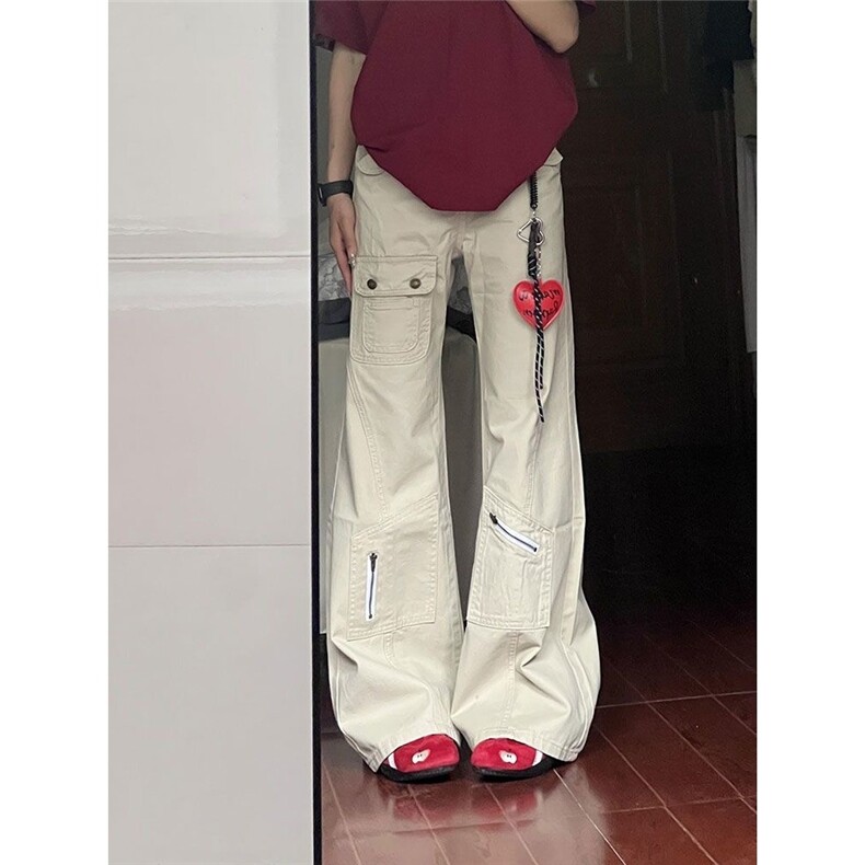 美式设计感多口袋工装牛仔裤女春季新款低腰宽松直筒微喇阔腿长裤,男装牛仔裤,星座506A