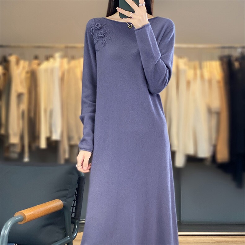 一字领时尚气质纯色款式百搭打底中长款连衣裙，女装连衣裙，江南羊绒