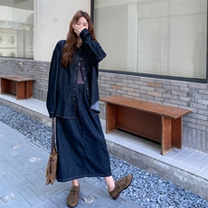 设计感炸街牛仔套装女2025年春秋季新款韩版复古显瘦半身裙两件套，女装套装/套裙，2C198