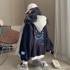 韩版刺绣加绒加厚连帽羊羔毛开衫女秋冬拉链外套C558-P110，女装短外套，星座911-2(原星座613-2）