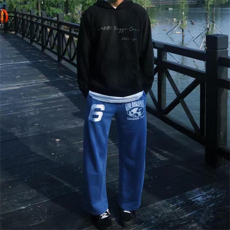 美式字母蓝色卫裤男女网红洋气宽松显瘦直筒阔腿休闲裤图片