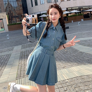 2023年夏季新款韩版休闲百搭牛仔短袖衬衫百褶裙半身裙两件套女图片