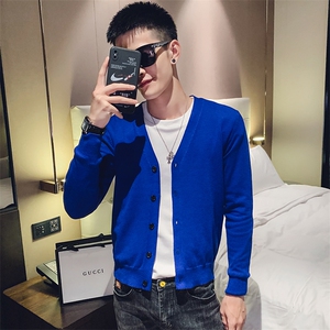 黄色 2024春装社会小伙纯色修身开衫毛衣针织衫男M023-P55 控价78图片