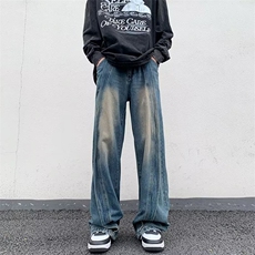 美式复古蓝牛仔裤男款夏季高级感潮牌百搭裤子痞帅宽松直筒阔腿裤，男装牛仔裤，星座716-4