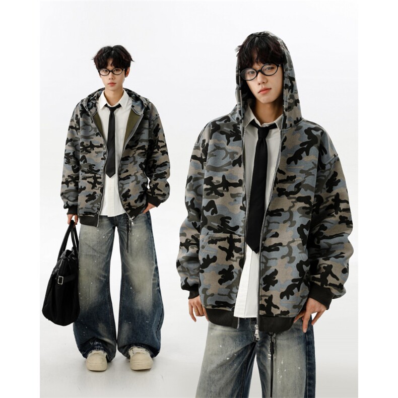 秋冬美式高街迷彩重磅400g双层华棉休闲开衫连帽卫衣外套WY07/P68，女装短外套，电商B318