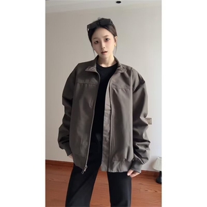 抖音得物 美式潮休闲夹克春季立领纯色复古工装加厚棉服外套AMY01图片