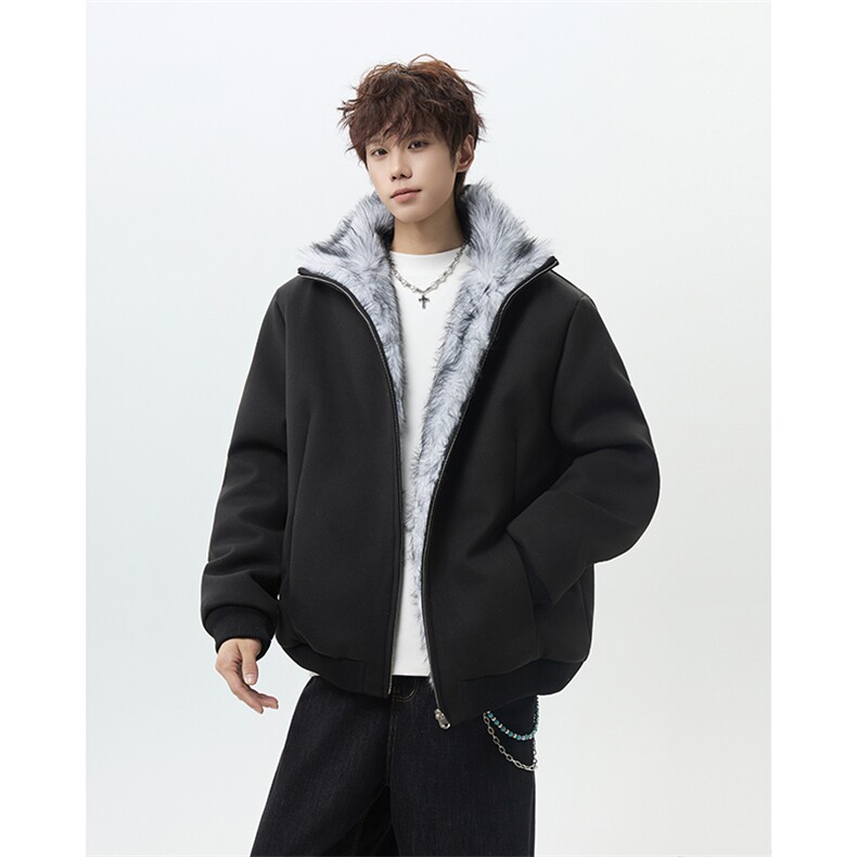 座山雕加绒棉服双面穿外套立领棉衣毛绒夹克毛呢大衣-M8717P148,男装夹克,电商B289