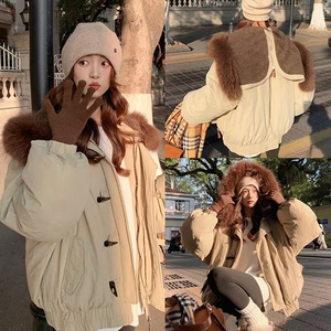 潮牌情侣派克服短款羽绒棉服仿兔毛大毛领连帽棉衣冬外套美式复古图片