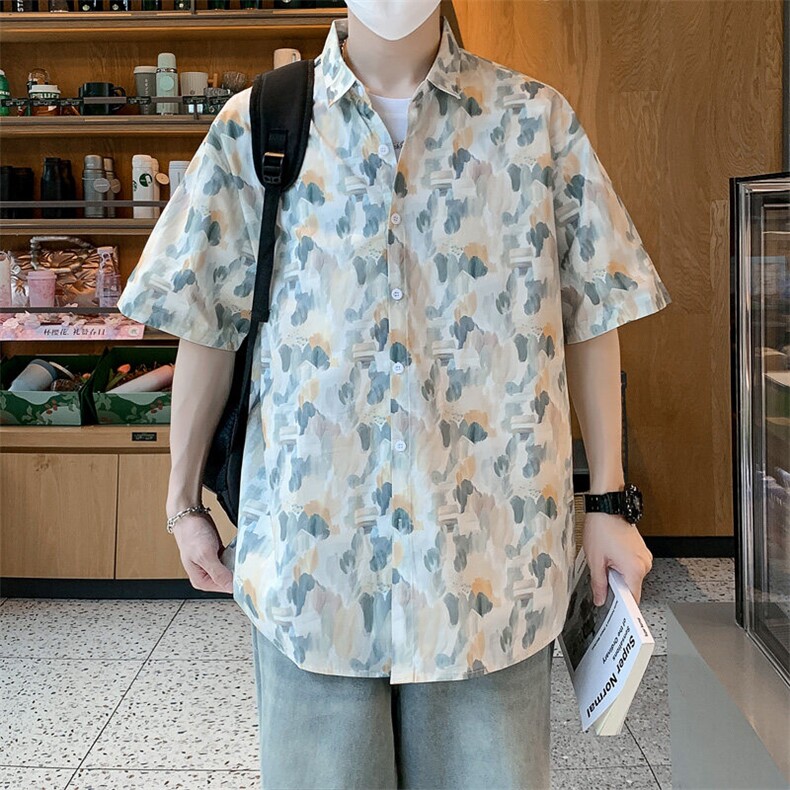夏男士短袖衬衫含透气时尚休闲冰丝印花纯棉衬衣风7257P45,男装衬衫,电商A056