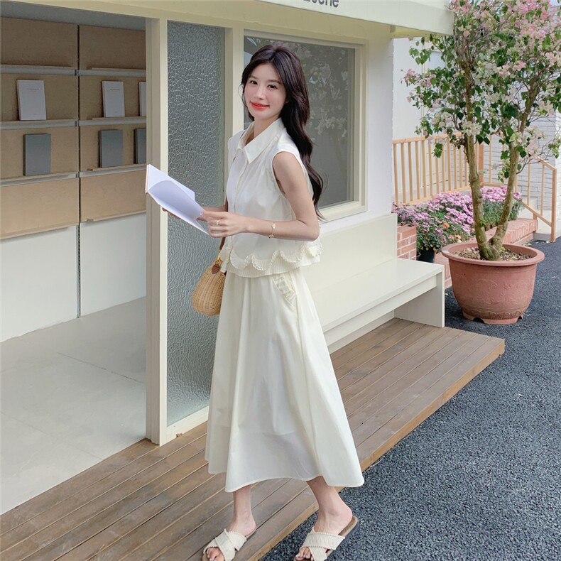木耳边无袖白色背心上衣阔腿裤套装女夏巨好看流行两件套韩系爆款,女装套装/套裙,2C135