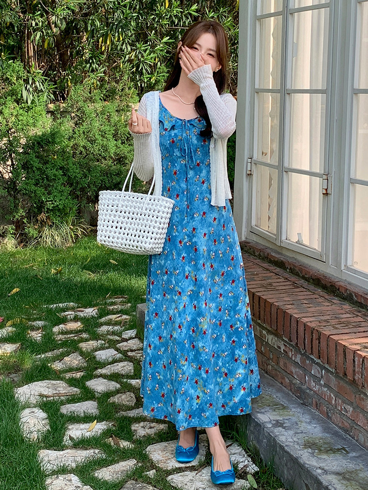 蓝色荷叶领碎花连衣裙女2025夏季新款韩系甜美修身显瘦吊带长裙潮,女装连衣裙,玖莱伊