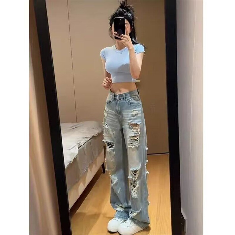 美式破洞牛仔裤女浅色高腰辣妹休闲长裤直筒阔腿乞丐裤L20322-P48,男装牛仔裤,星座1008