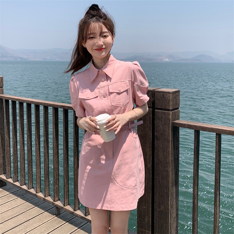 时尚粉色短款工装连衣裙收腰显瘦小个子甜美减龄气质洋气短裙女夏,女装连衣裙,浙宝192（原082）