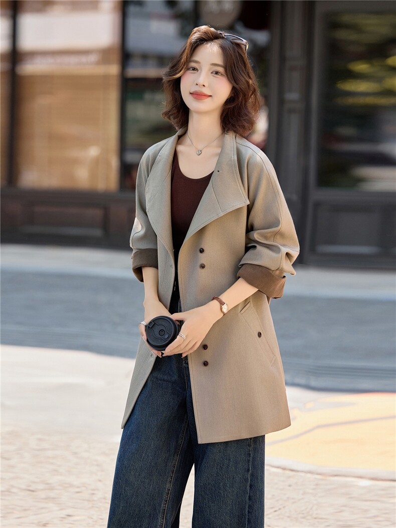 高级感藏青色翻领风衣外套女2025秋冬季宽松减龄拼色收腰气质大衣,女装风衣,素月