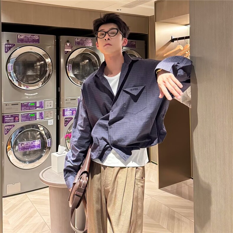 JC396-P55流行新款百搭潮流格子防晒衬衫男长袖衬衫文艺日系,男装防晒衣,电商B323A