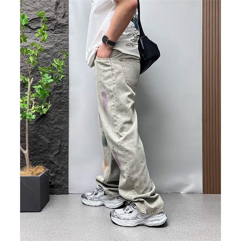 个性泼墨宽松阔腿牛仔裤男2026秋冬新款潮流痞帅高街直筒水洗长裤,男装牛仔裤,星座506A