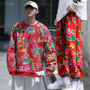 B204套装秋冬男女加绒保暖防寒东北大花卫衣卫裤套装团队服风图片