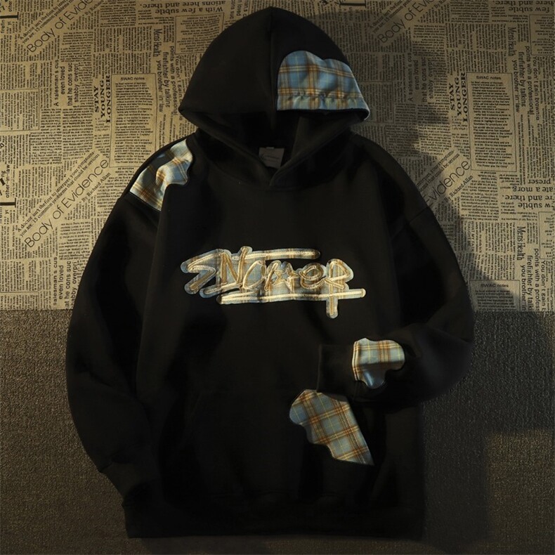 网图W102华棉复牛奶丝贴布拼接卫衣灰黑M~3XL,男装卫衣,星座506A
