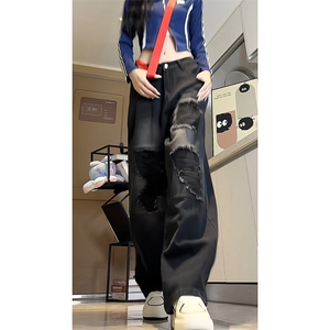 情侣款高街ins宽松直筒阔腿裤复古潮流破洞牛仔裤K606TP48控78