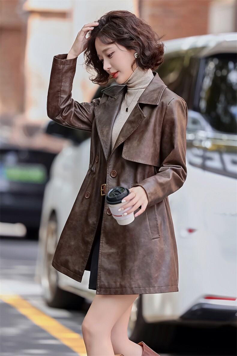 韩城.复古西装pu皮衣皮风衣中长外套女抽绳双排扣2025春盐系洋气s,女装皮衣,简古
