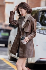 韩城.复古西装pu皮衣皮风衣中长外套女抽绳双排扣2025春盐系洋气s，女装皮衣，简古
