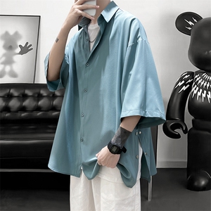 新款纯色侧边排扣开叉小众男女短袖衬衫 A125-C17-P35图片