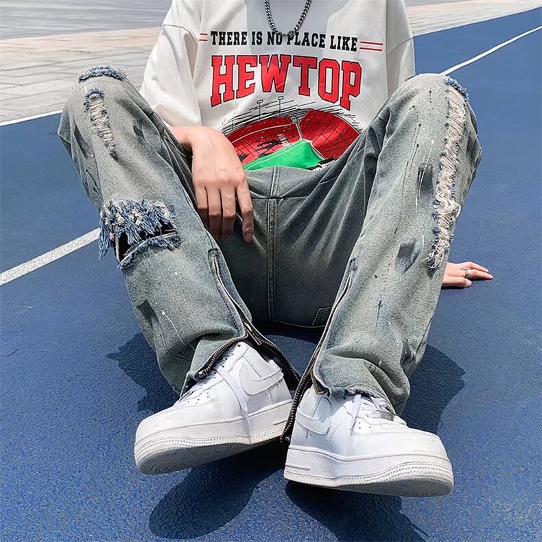 美式复古破洞牛仔裤男潮做旧补丁拉链修身直筒休闲长裤N8101-P47图片