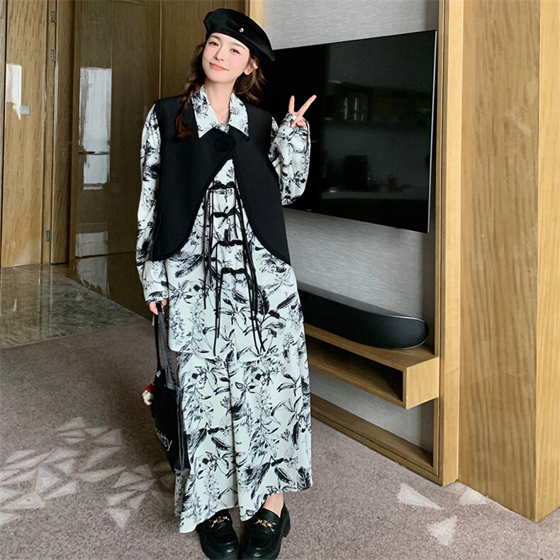 051-水墨画印花衬衫+马甲连衣裙三件套-F637-P145-K218,女装套装/套裙,2C051