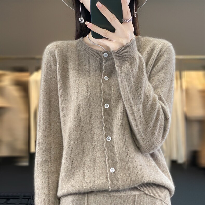 秋冬圆领纯羊绒开衫女一线成衣镂空钩花针织羊毛衫外套打底衫,女装羊毛衫,大美人高端店