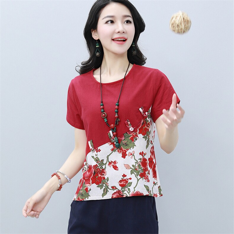 2021年夏季中长款圆领甜美气质创意图案潮流短袖花色拼接T恤,女装T恤,雪樱依海