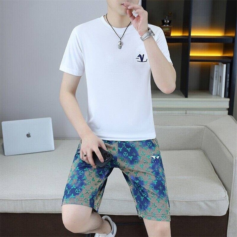 25366-P65夏季休闲T恤短裤男两件套欧货潮牌修身圆领短袖T恤套装,男装休闲套装,电商D310B-1