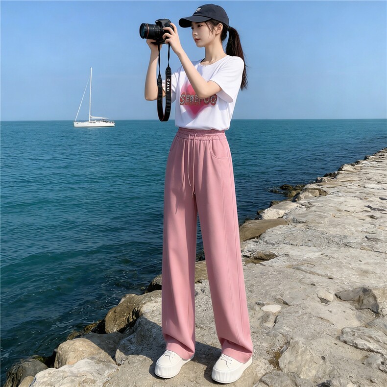 女夏新款韩版运动休闲套装圆领爱心印花镶钻T恤粉色阔腿裤两件套,女装套装/套裙,江南
