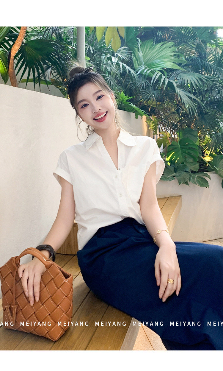 韩系温柔短袖衬衫蕾丝花边宽松白色衬衫,女装衬衫,湘姗