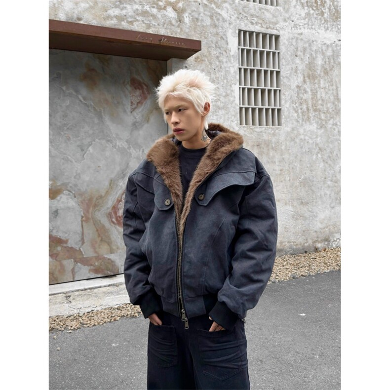 「Ueshima」*铠甲*廓形裁剪座山雕短宽棉服夹克加厚毛领外套男，男装夹克，星座506A