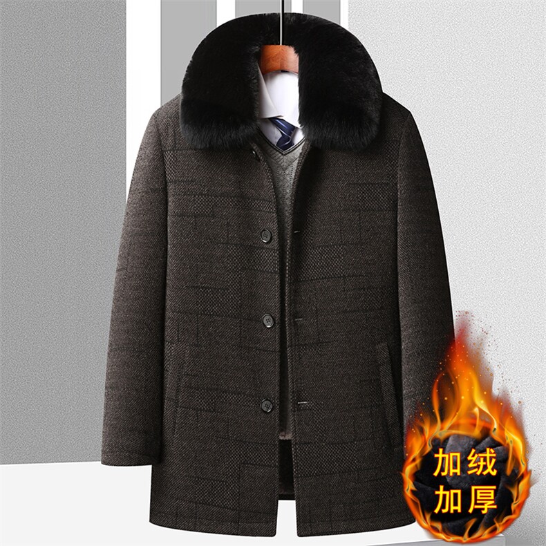 中老年男加绒加厚雪尼尔外套爸爸装冬季休闲中长款翻领毛呢大衣图片