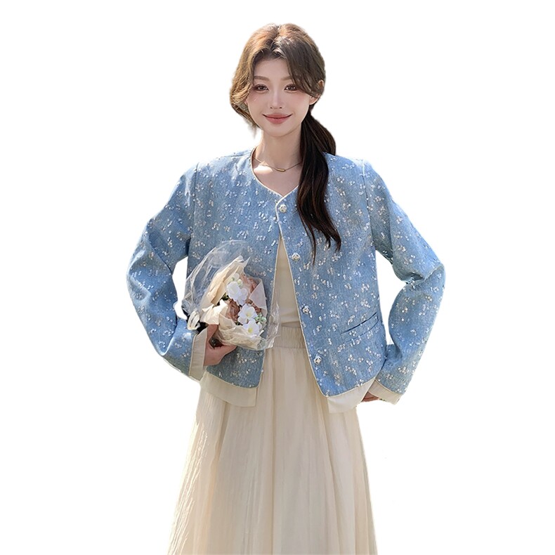 小香风蓝色亮片外套短款女春秋2025新款韩版宽松小个子夹克衫上衣,女装短外套,浙宝208A