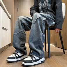 高级小众拼接男裤设计感宽松直筒长裤子K780特批42，男装休闲裤，星座718-1