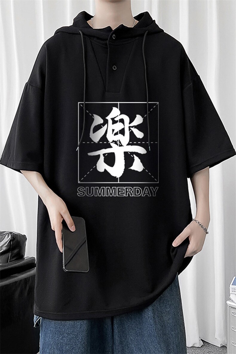 LD54197-P45连帽短袖t恤男大码胖子带帽五分袖中袖,男装T恤,电商A040