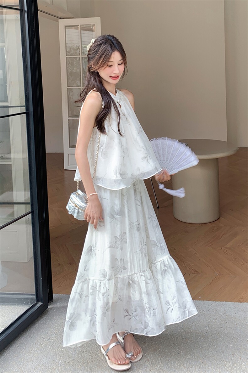 新中式国风白色挂脖背心半身裙女夏甜美小香风独特漂亮,女装连衣裙,诺蝶